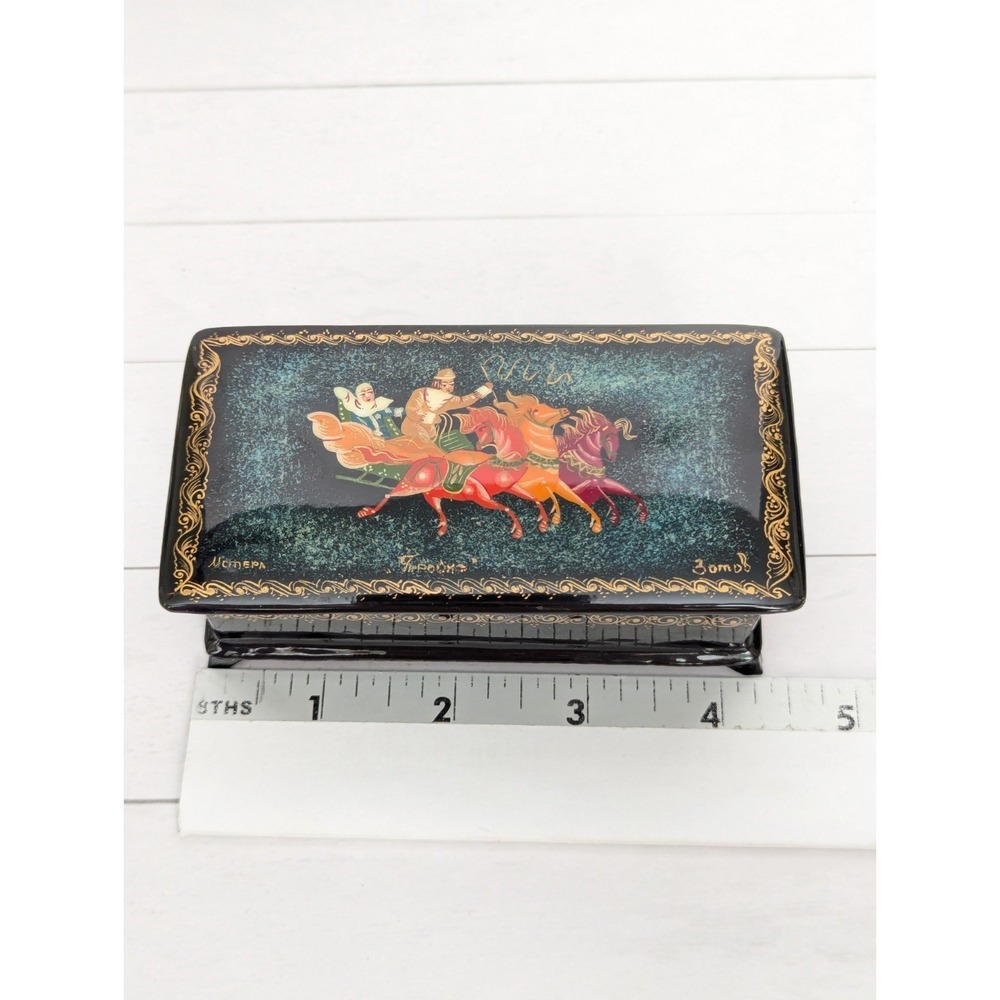 Vtg Handpainted Russian Trinket Box Lacquer Mstera Signed Horses Troika Sleigh - Picture 15 of 16
